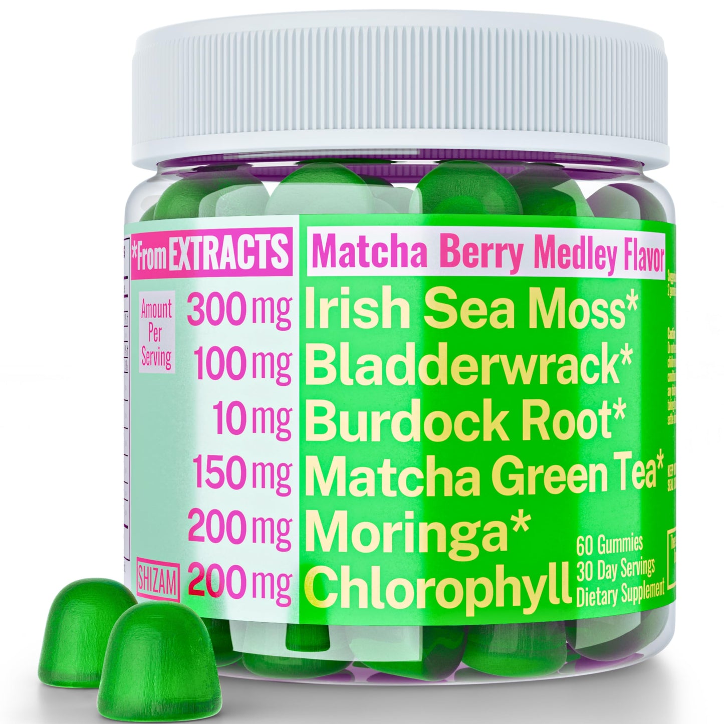 SHIZAM Moringa Irish Sea Moss Chlorophyll EGCG Green Tea Burdock Root Bladderwrack Super Greens Gummies, 60 Count