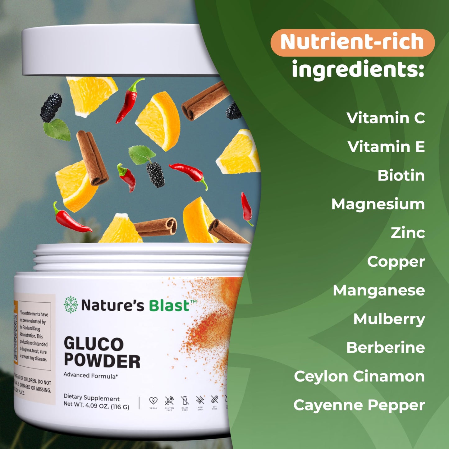 NATURES BLAST Gluco-Powder with White Mulberry Extract & Ceylon Cinnamon - Organic Metabolic Wellness Blend for Energy & Vitality Powder 4.09 Ounce