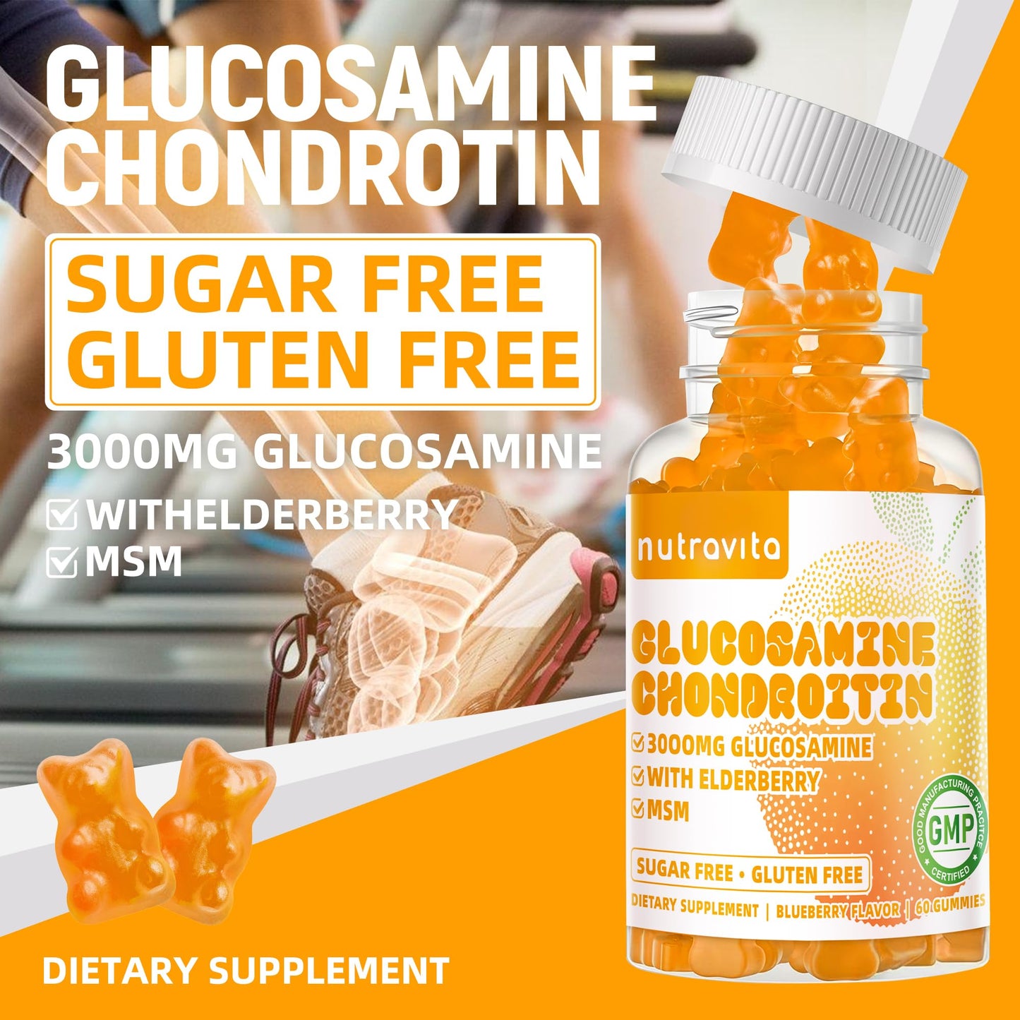 Nutravita Glucosamine Chondroitin Gummies with MSM & Elderberry Extra Strength 60 Orange Chews
