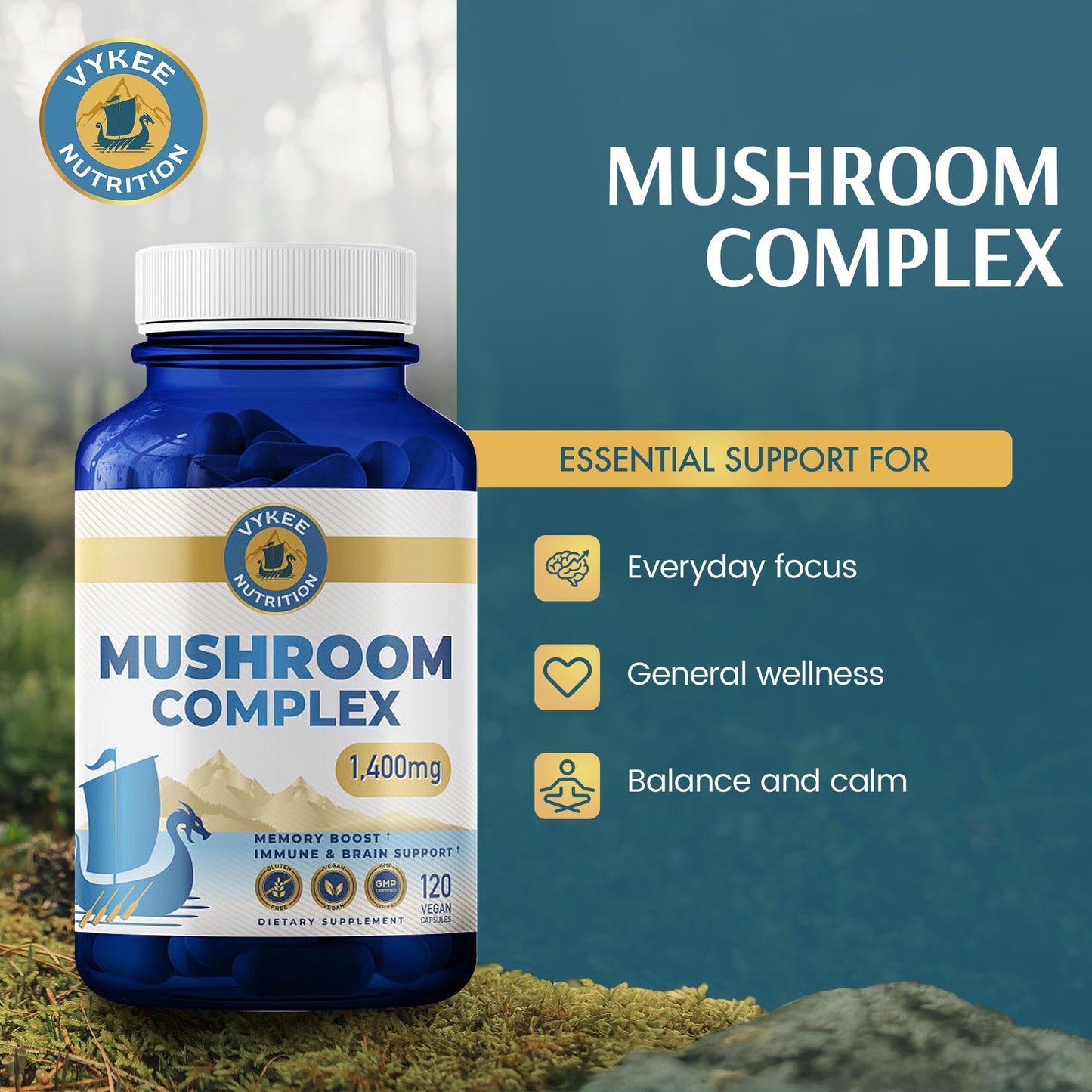 Vykee Nutrition Mushroom Complex Lion's Mane, Reishi & Cordyceps, 1,400 mg Capsule, 120 Count