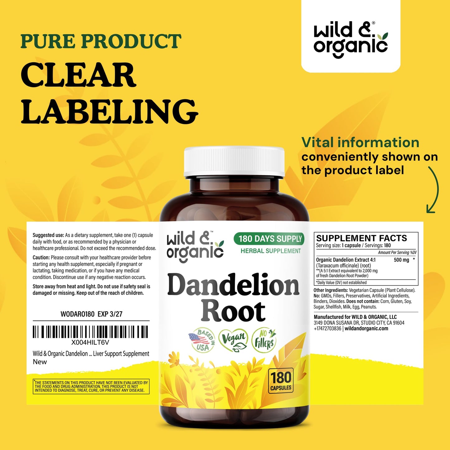 Wild & Organic Dandelion Root Capsules 180 Count