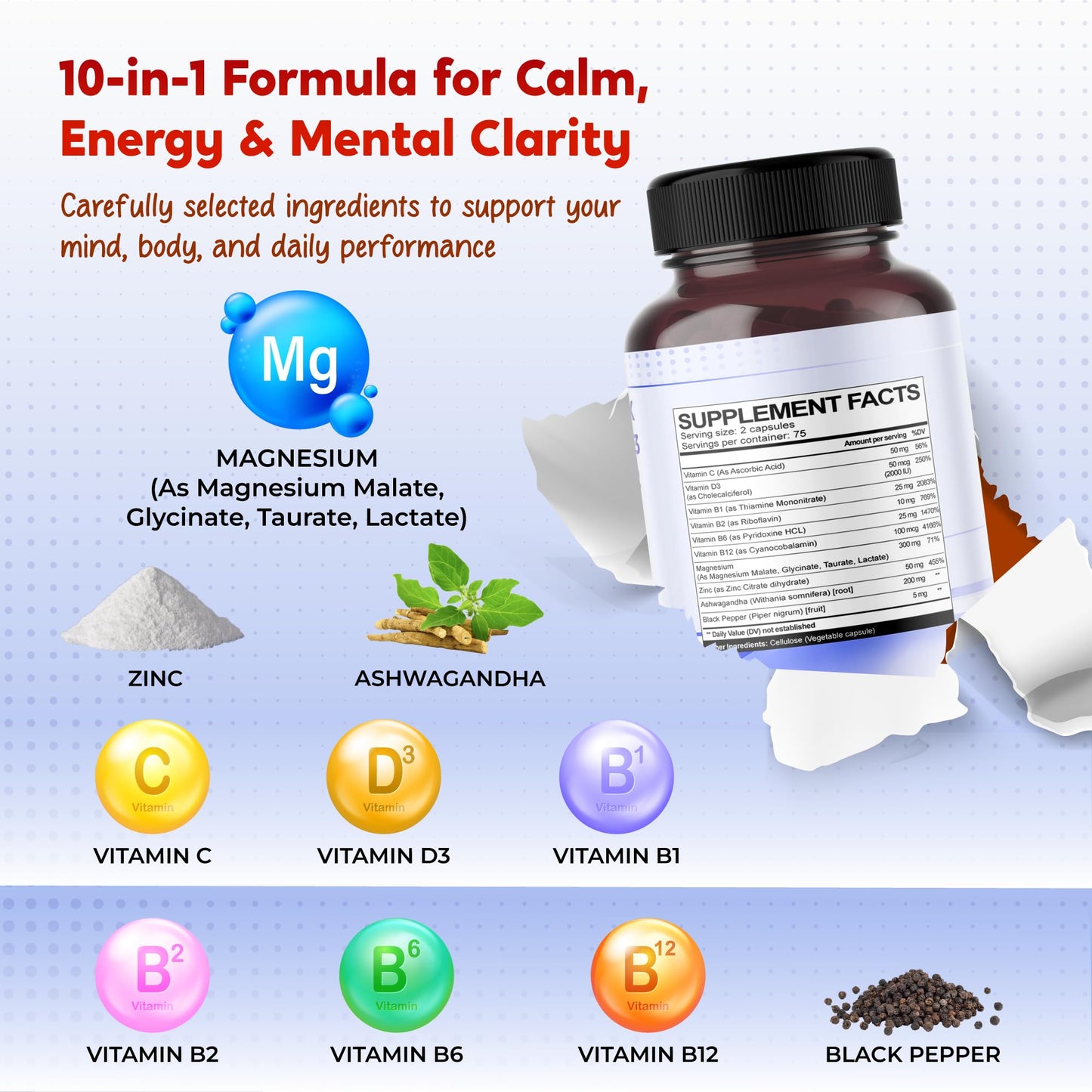 PEAKPURY Magnesium Complex with 5-HTP, Ashwagandha, Saffron & Chamomile – Relaxation & Mood Support Capsules, 150 Count