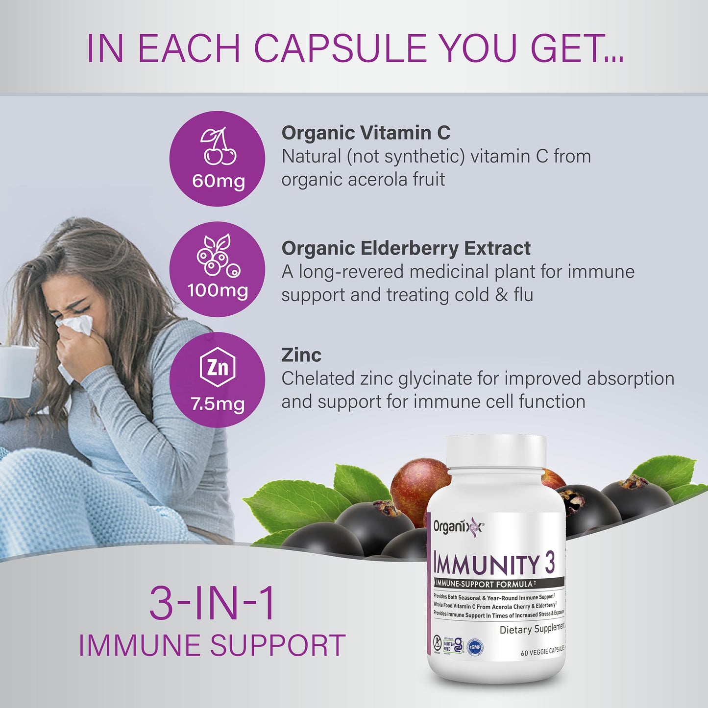 Organixx Immunity 3 Immune Support Supplement – Vitamin C, Zinc, Elderberry – 60 Capsules