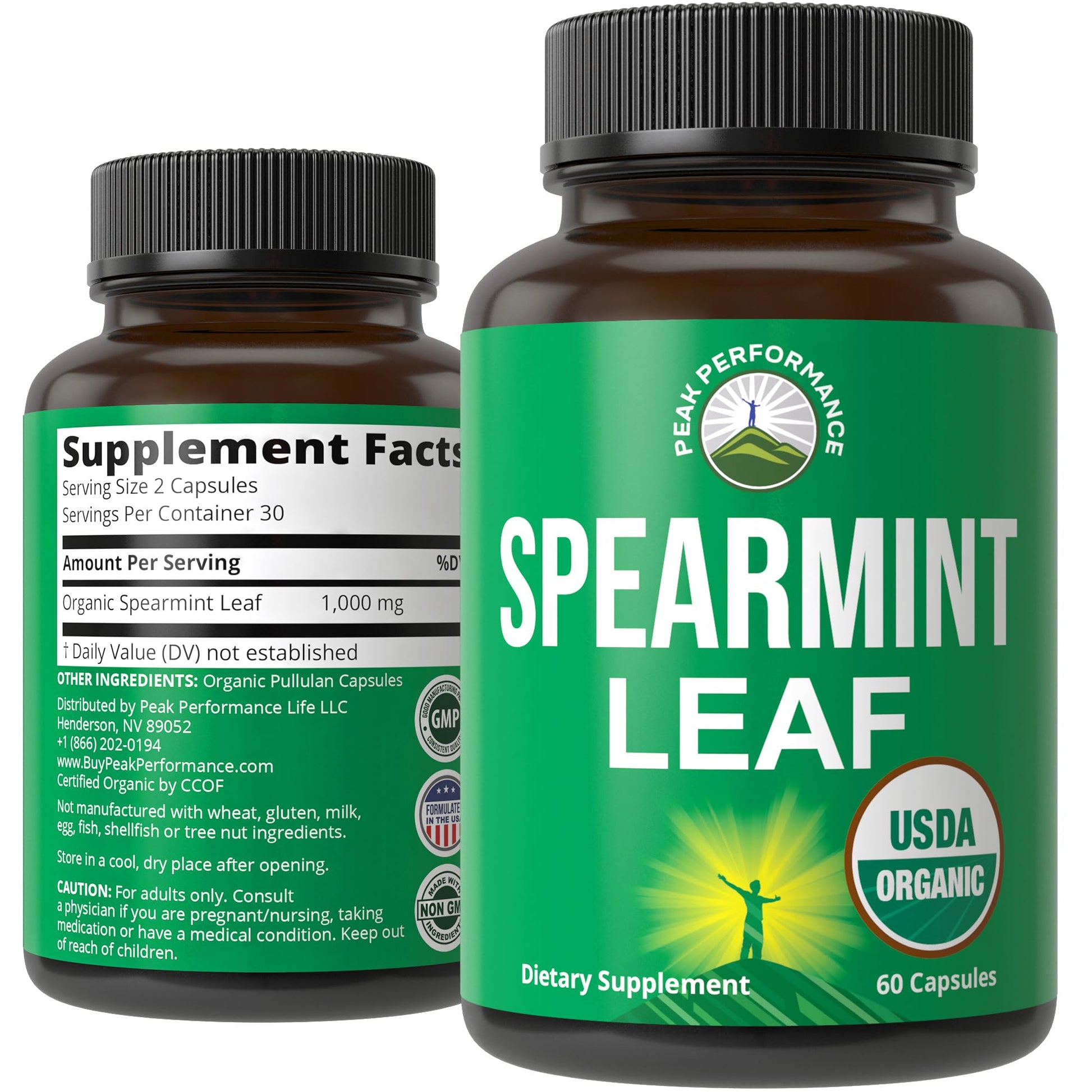 Peak Performance USDA Organic Spearmint Leaf Capsules 60 Count