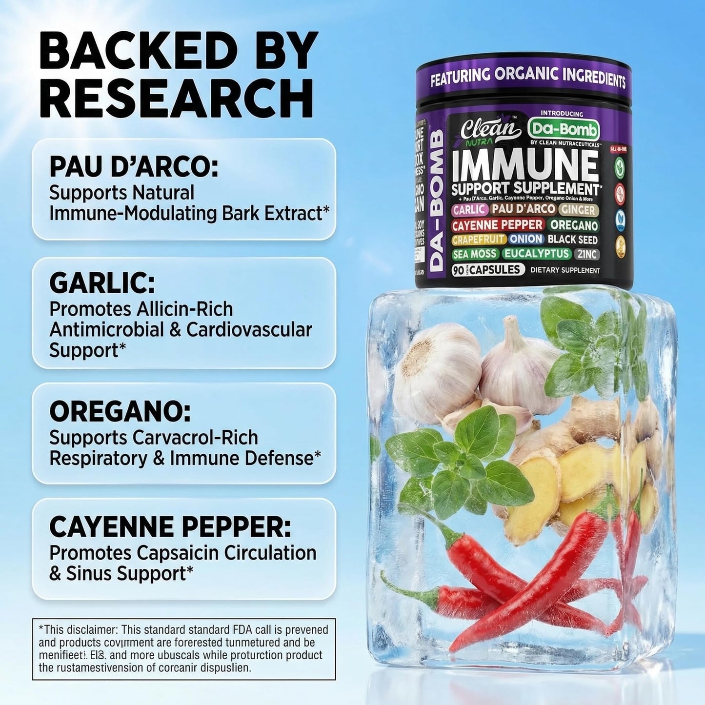 Clean Nutraceuticals Organic Immune Support with PAU D'Arco Garlic Cayenne Pepper Oregano Ginger Grapefruit Onion Black Seed Sea Moss Black Pepper Zinc Eucalyptus Vitamin C Vitamin D Organic Soursop Capsules 90