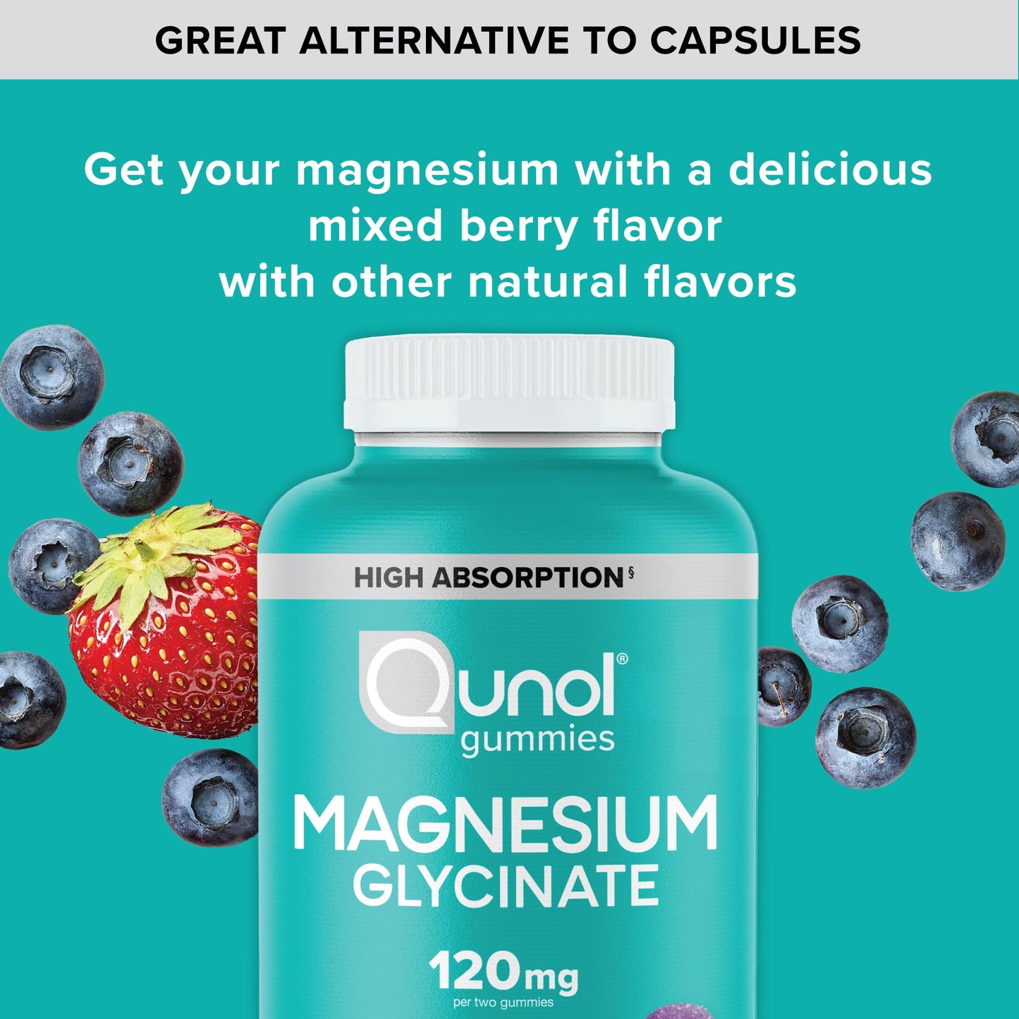 Qunol Magnesium Glycinate Gummies, 120 mg Magnesium Glycinate, High Absorption, Mixed Berry, 90 Gummies