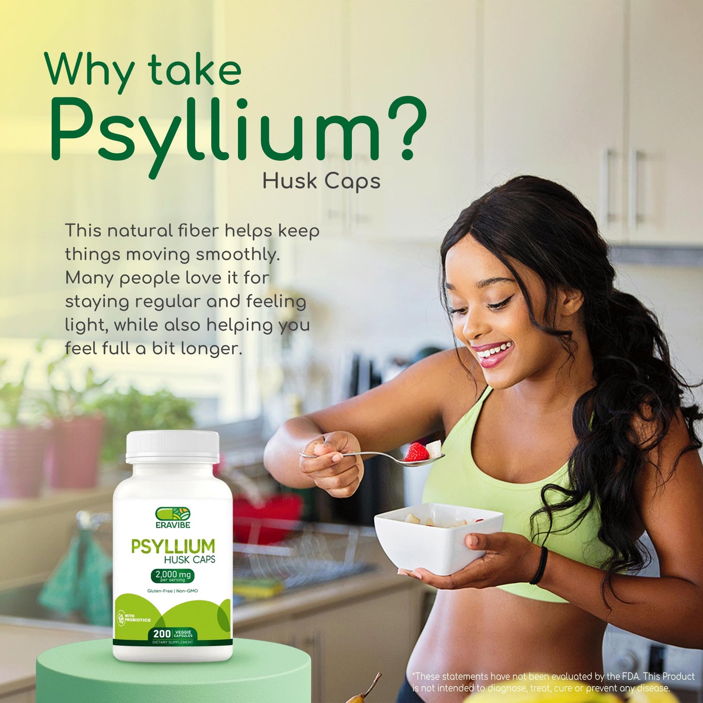 ERAVIBE Psyllium Husk with Probiotics 100 Million CFUs Fiber Supplement for Digestive and Gut Support Capsule 200 Count