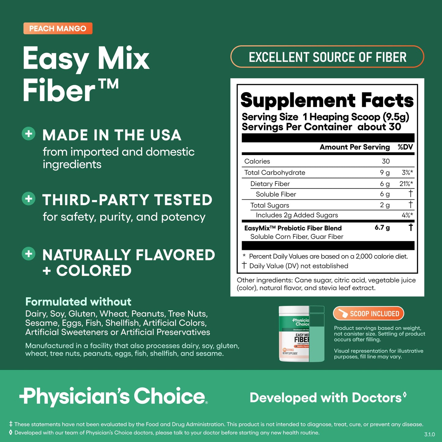 Physician's CHOICE Easy Mix Fiber for GLP-1 Support - No Grit - Daily Prebiotic Soluble Fiber Powder, Peach Mango, 10 oz