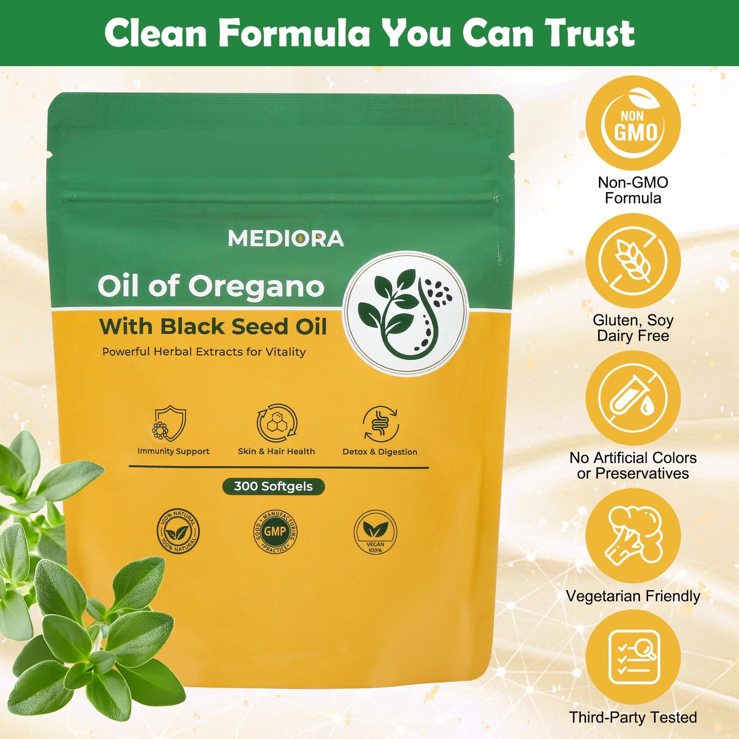 Mediora Oil of Oregano with Black Seed Oil Softgels 300 Count