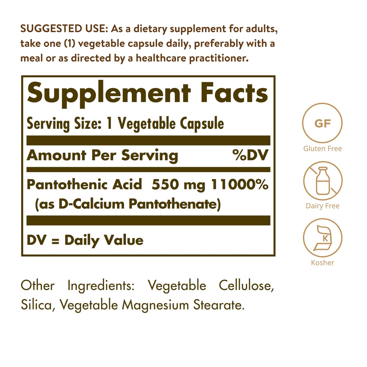 Solgar Pantothenic Acid 550 mg Capsules, 100 Count