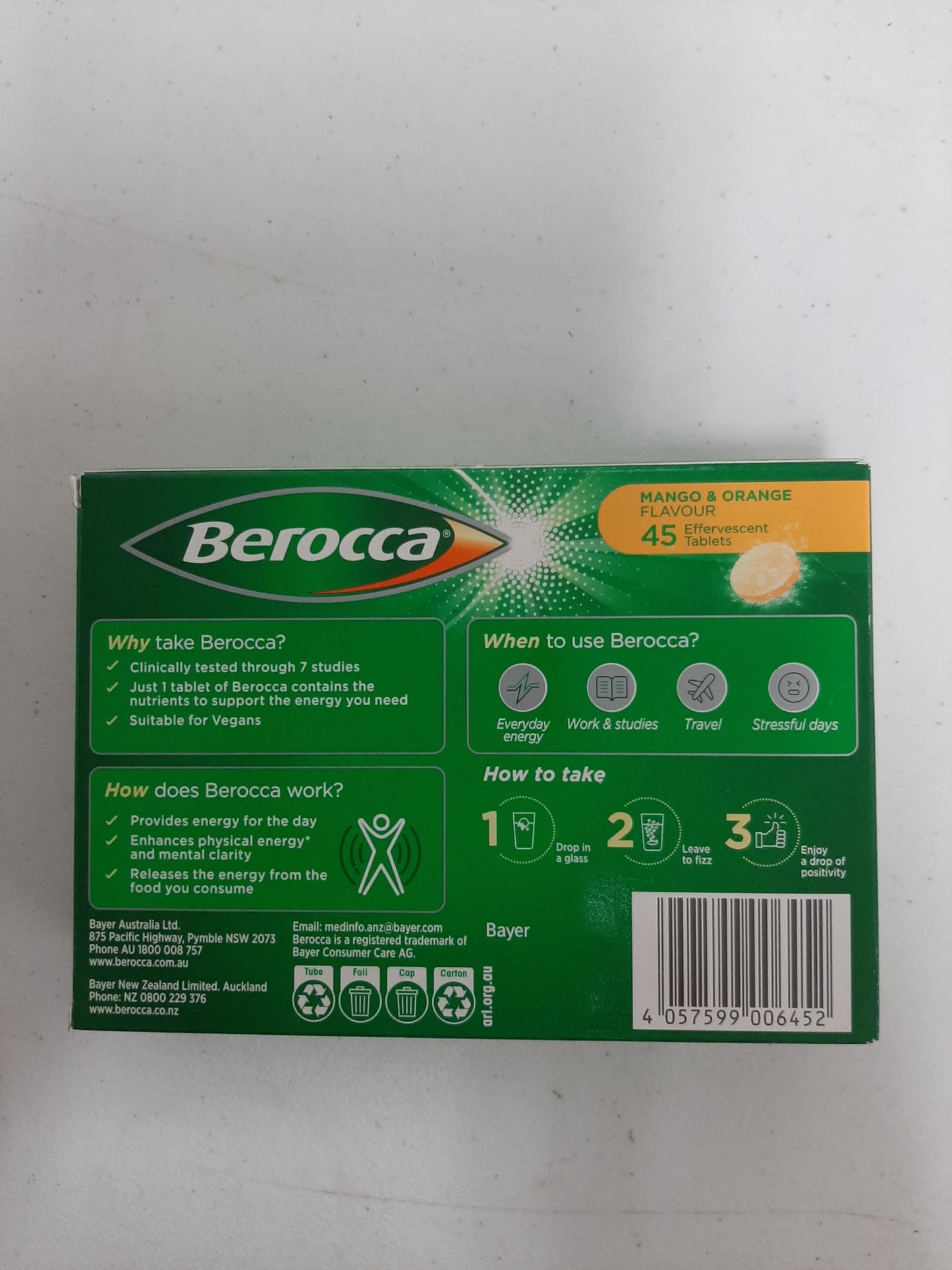 Berocca Energy Vitamin B & C Mango & Orange Flavour Effervescent Tablets 45 Count