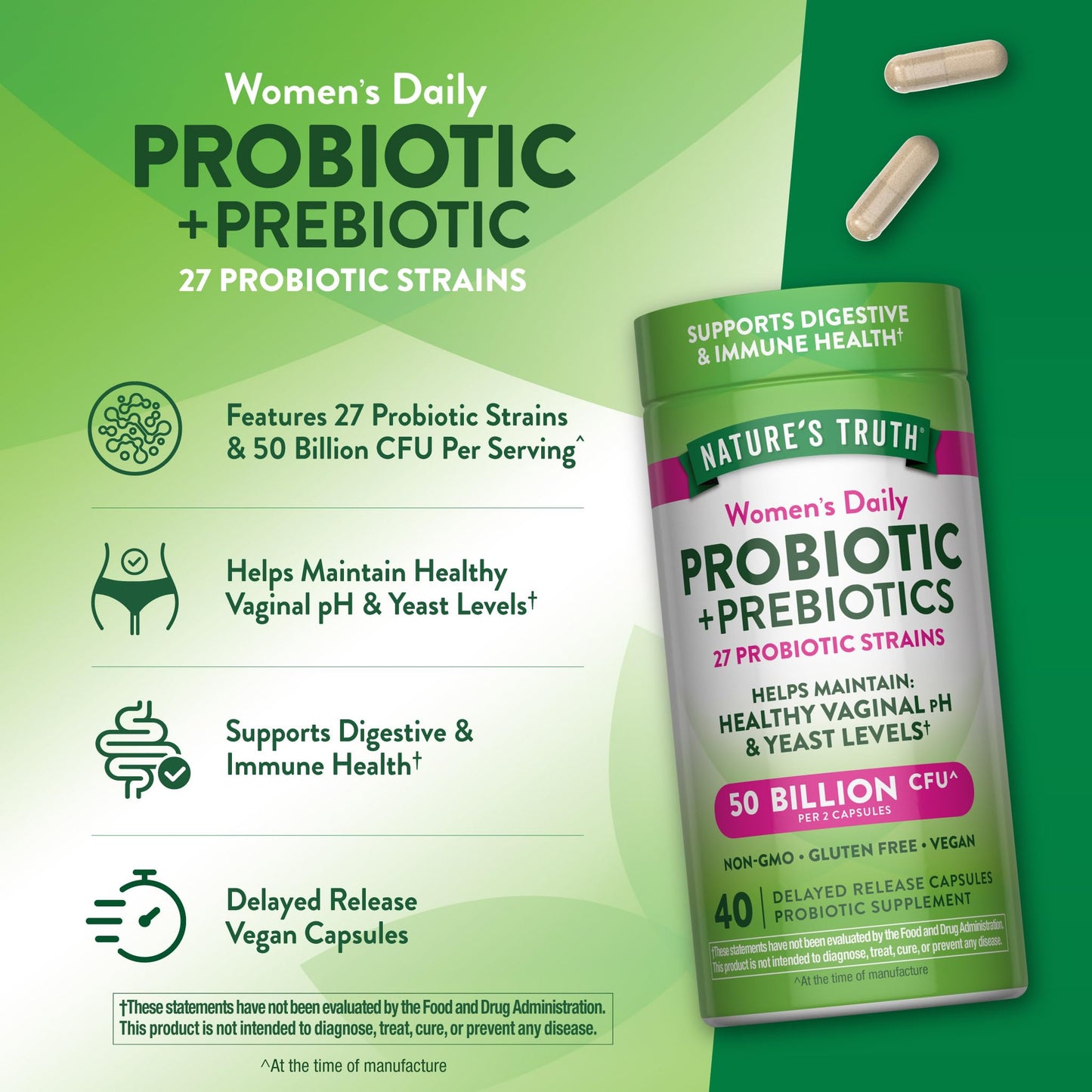 Nature's Truth Women's Daily Probiotic & Prebiotics 50 Billion CFU Capsule, 40 Count