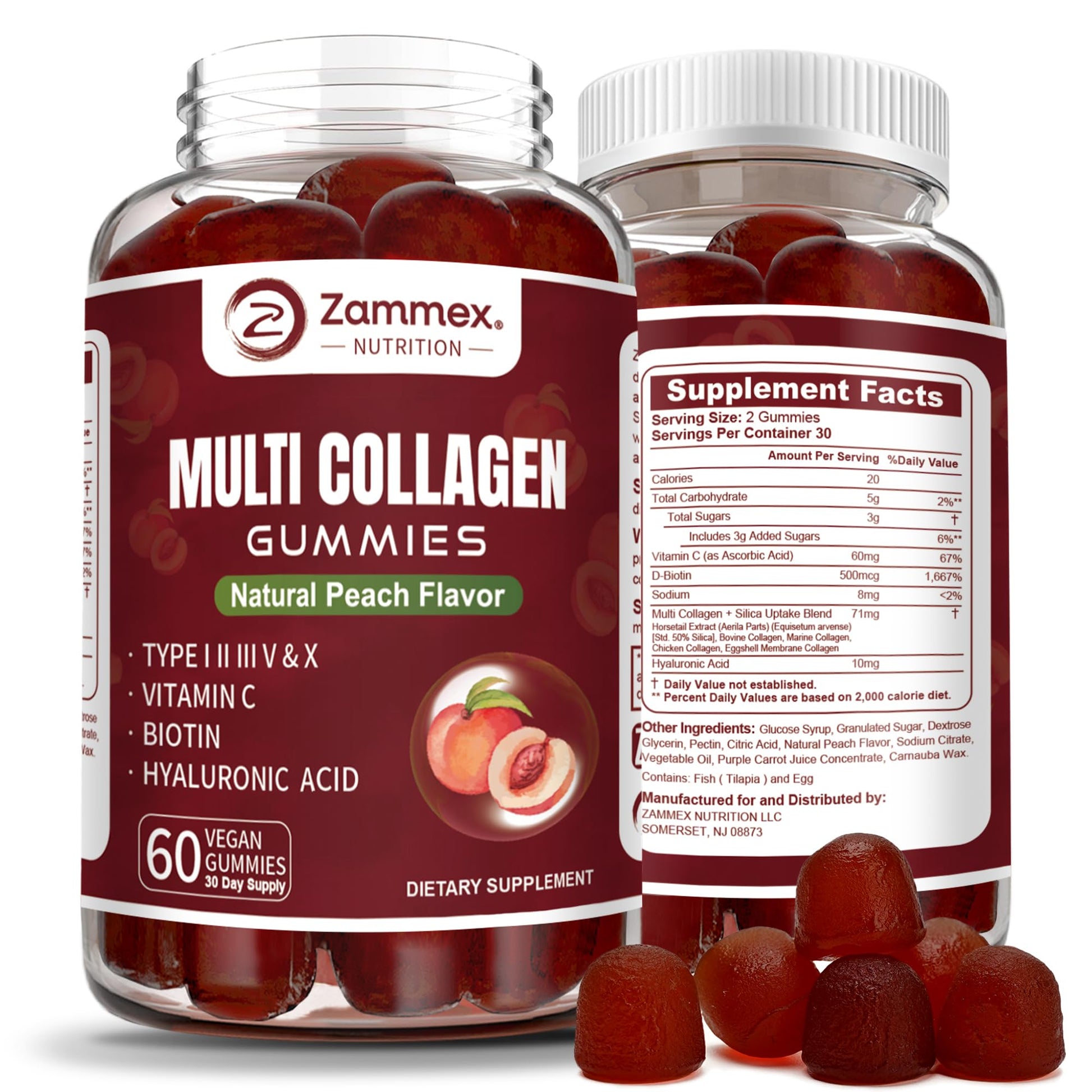 Zammex Multi Collagen Peptides Gummies (Type 1, 2, 3, 5 & 10), 60 Count