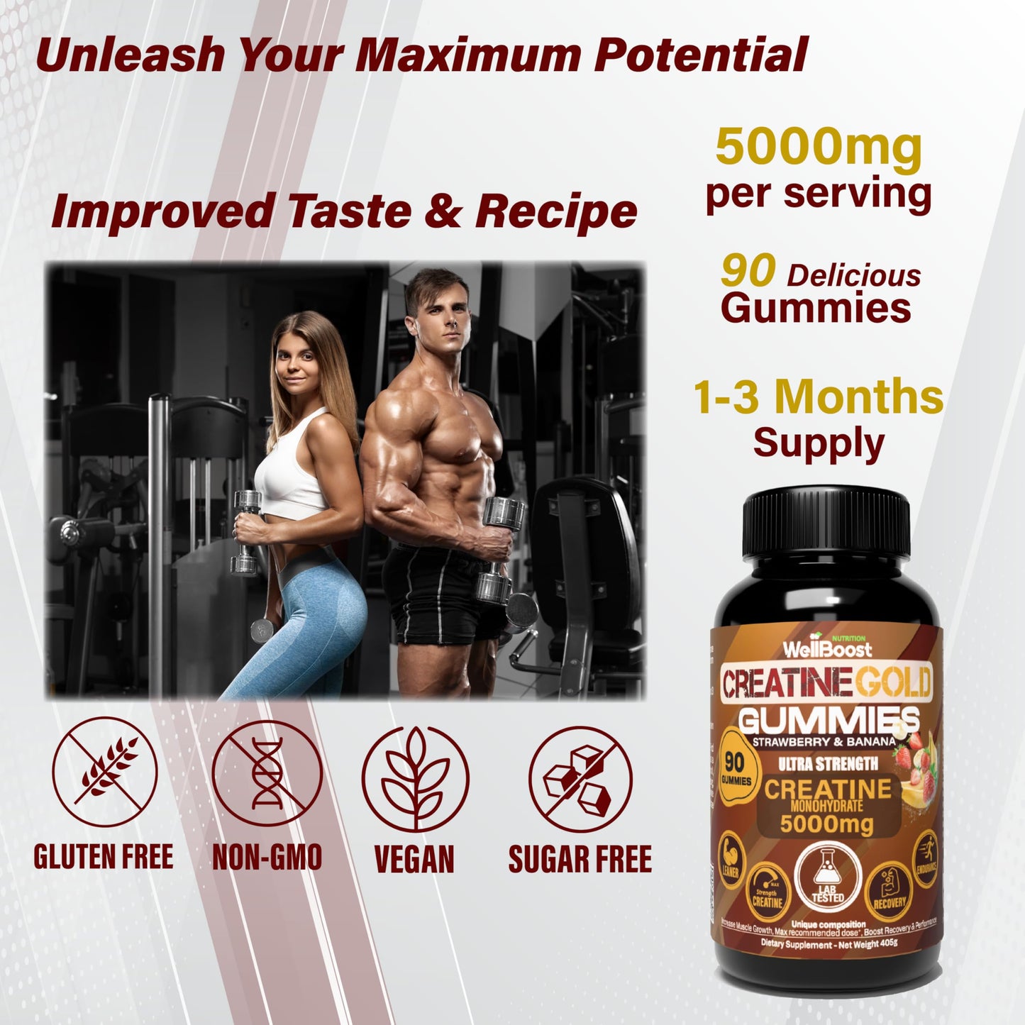 WellBoost Creatine Gold 5000mg Creatine Monohydrate Gummies 90 Count