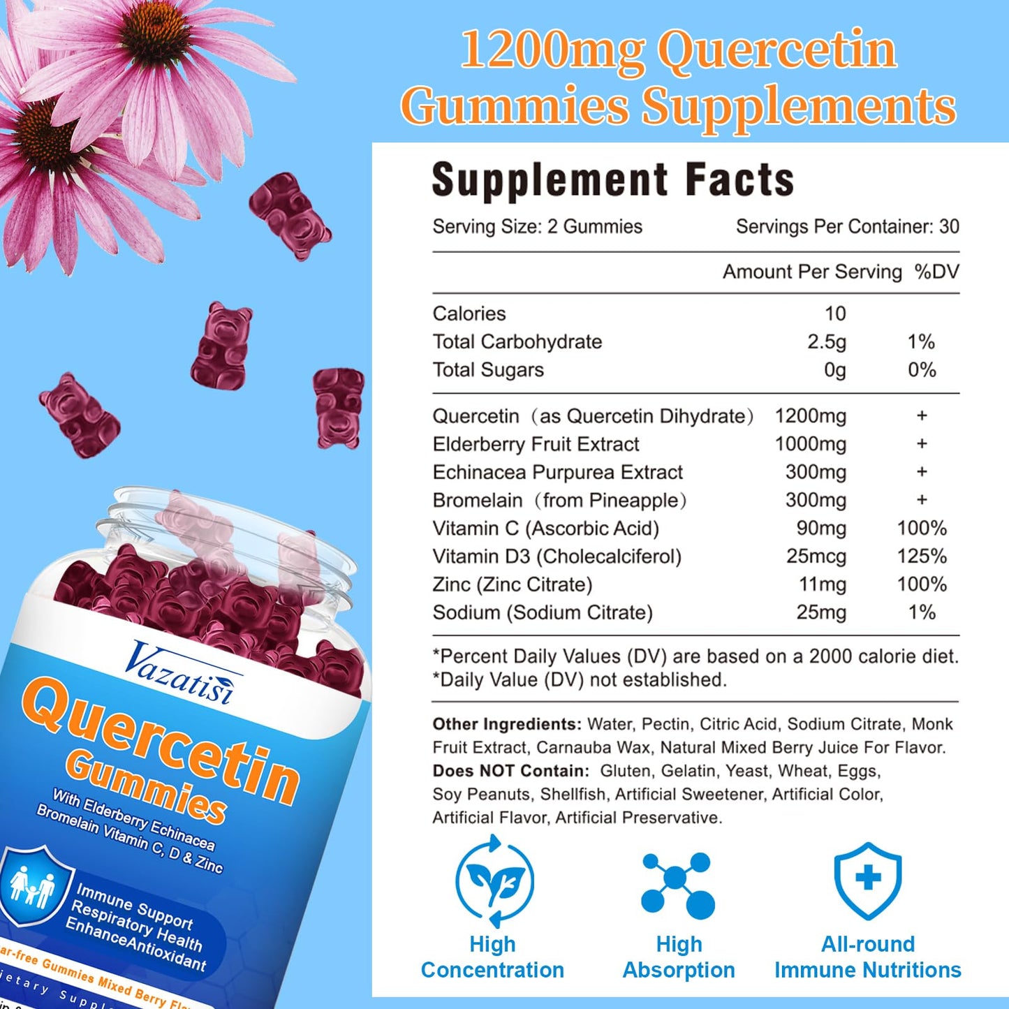 Vazatisi Quercetin with Bromelain Gummies, Vitamin C, Zinc & Elderberry for Immune Support, Mixed Berry, 120 Gummies