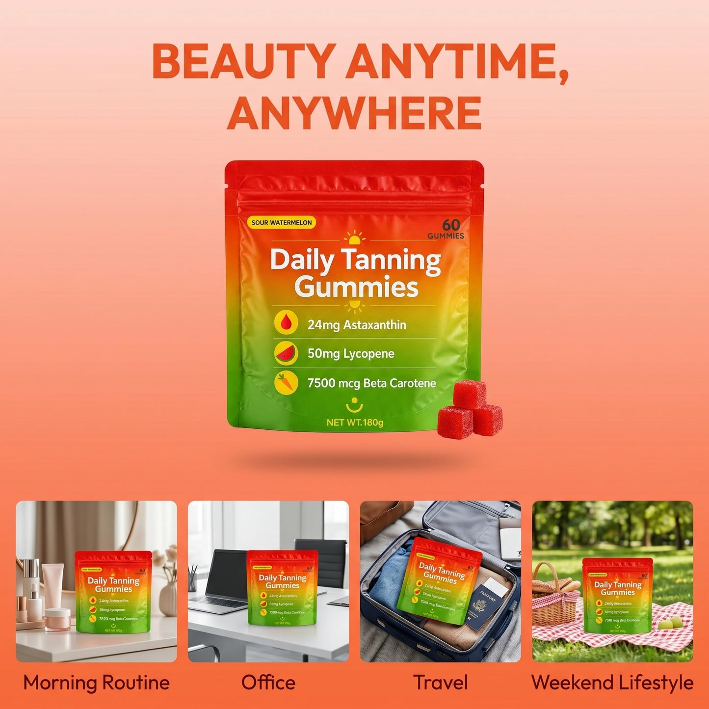 Jqewlg Lumivyx Tanning Gummies - Daily Beauty Gummies with Beta Carotene, L-Tyrosine, Astaxanthin & Lycopene, Watermelon Flavor, 60 Gummies
