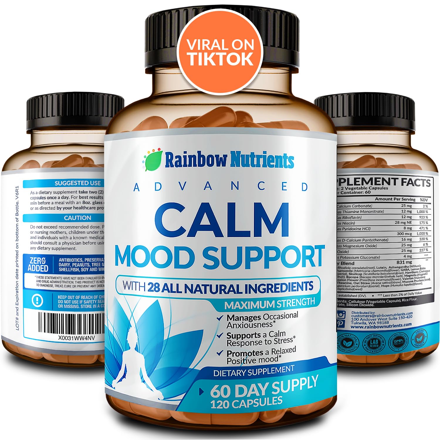 Rainbow Nutrients, LLC 28 in 1 Calm Mood Support Supplement Capsule, 120 Capsules