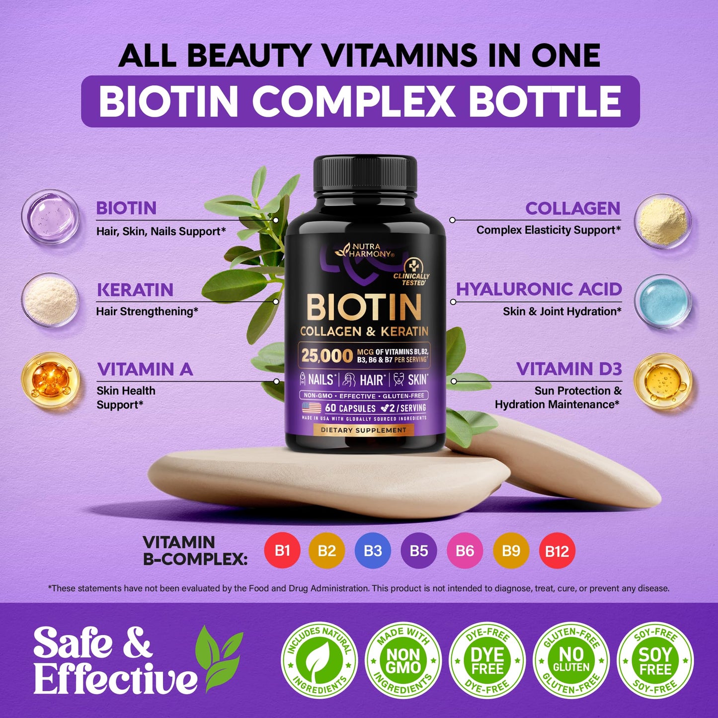 NUTRAHARMONY Biotin Collagen Hyaluronic Acid Keratin Hair Growth & Strength Support Vitamins - Skin & Nails Supplement - Clinically Tested for Men & Women - 25000mcg B1, B2, B3, B6 & B7, 60 Capsules