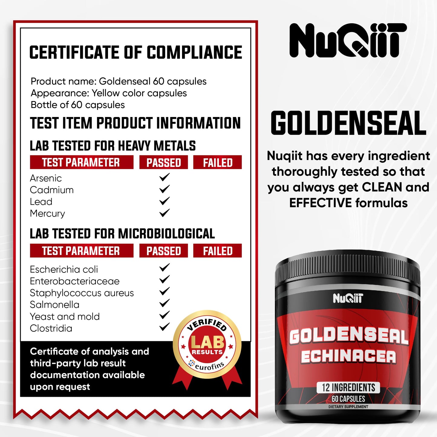 NUQIIT Goldenseal Root with Echinacea, Panax Ginseng, Elderberry, Garlic Capsules, 60 Count