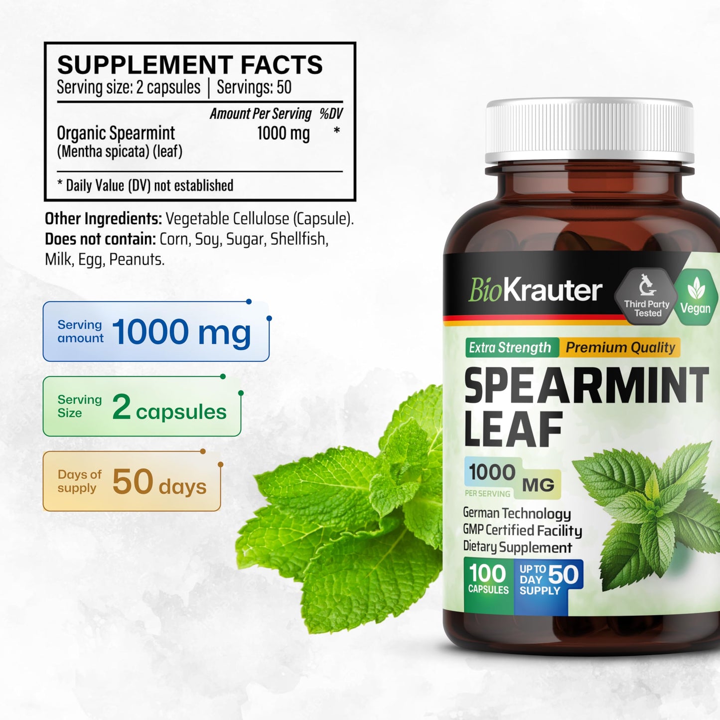 BIO KRAUTER Spearmint Capsules for Skin Support 100 Capsules