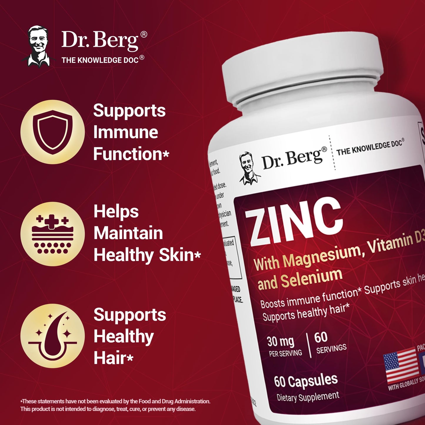 Dr. Berg Nutritionals Zinc 30mg Enhanced with Magnesium, Vitamin D3, Selenium, & Copper - Chelated Zinc for Immune, Skin, Hair, & Nails Support, Capsules, 60 Count