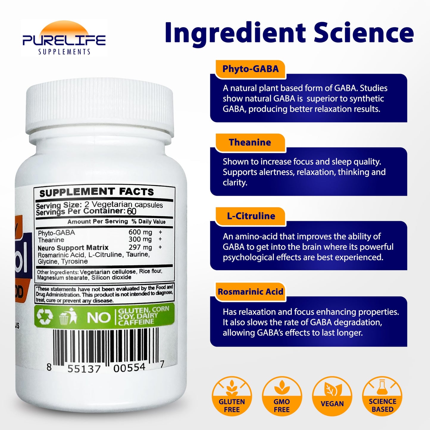 PureLife Supplements Gabatrol Daily Plant Based GABA Supplement Capsule, 120 Capsules
