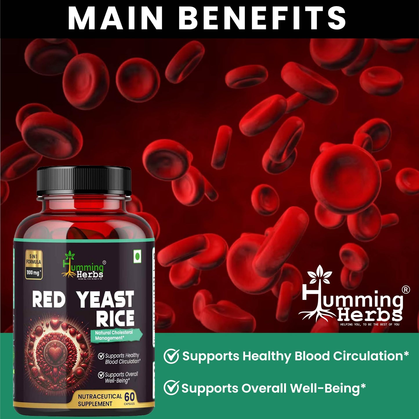 Humming Herbs Red Yeast Rice 1100mg with CoQ10, Policosanol, Beta Sitosterol & Lycopene Formula, 60 Capsules
