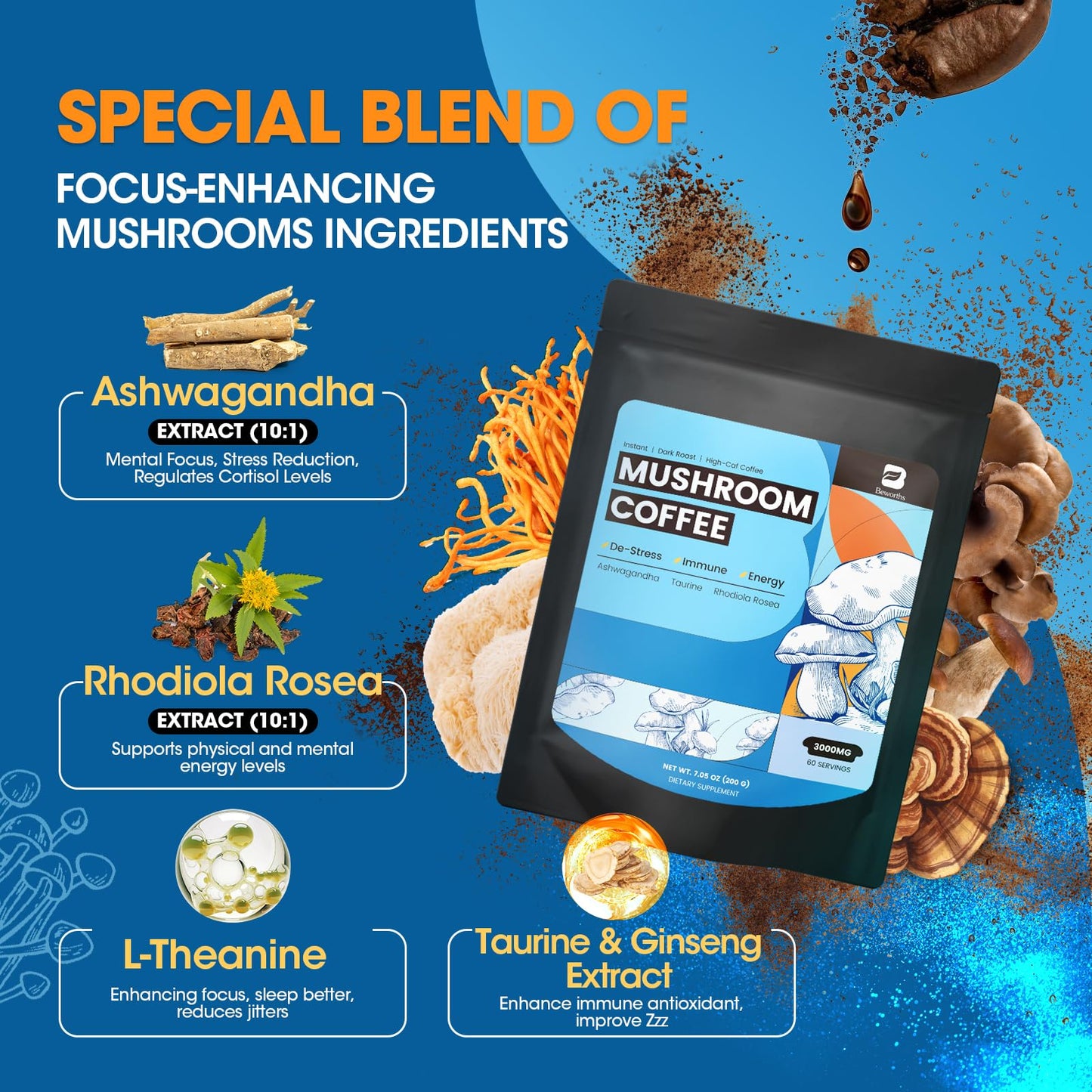 B BEWORTHS Mushroom Coffee Powder with Ashwagandha, L-theanine, Lion's Mane, Reishi, Chaga, Cordyceps, Turkey Tail, Ginseng | Arabica Instant Coffee for Immunity, Brain Focus, Gut Health 7.05 Ounce