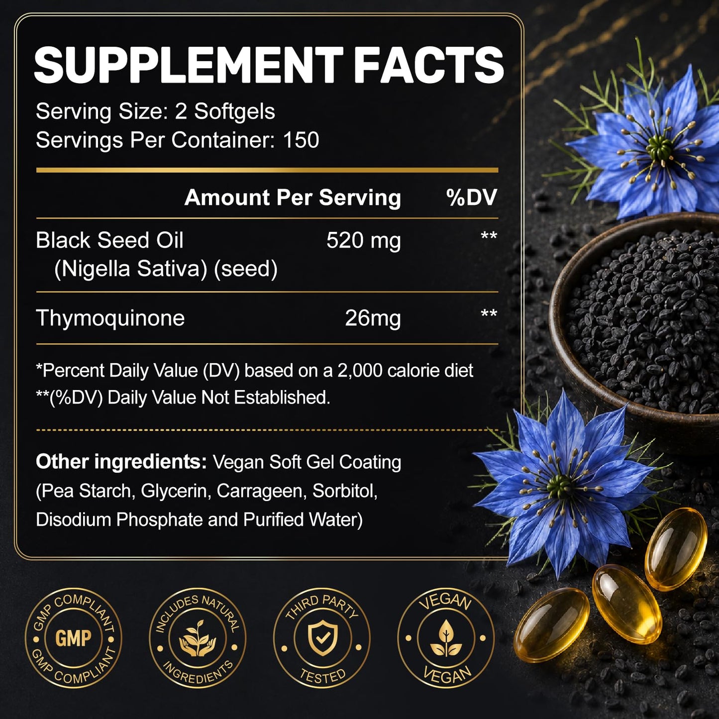 Navobary Black Seed Oil 500mg 5% Thymoquinone Softgels 300 Count