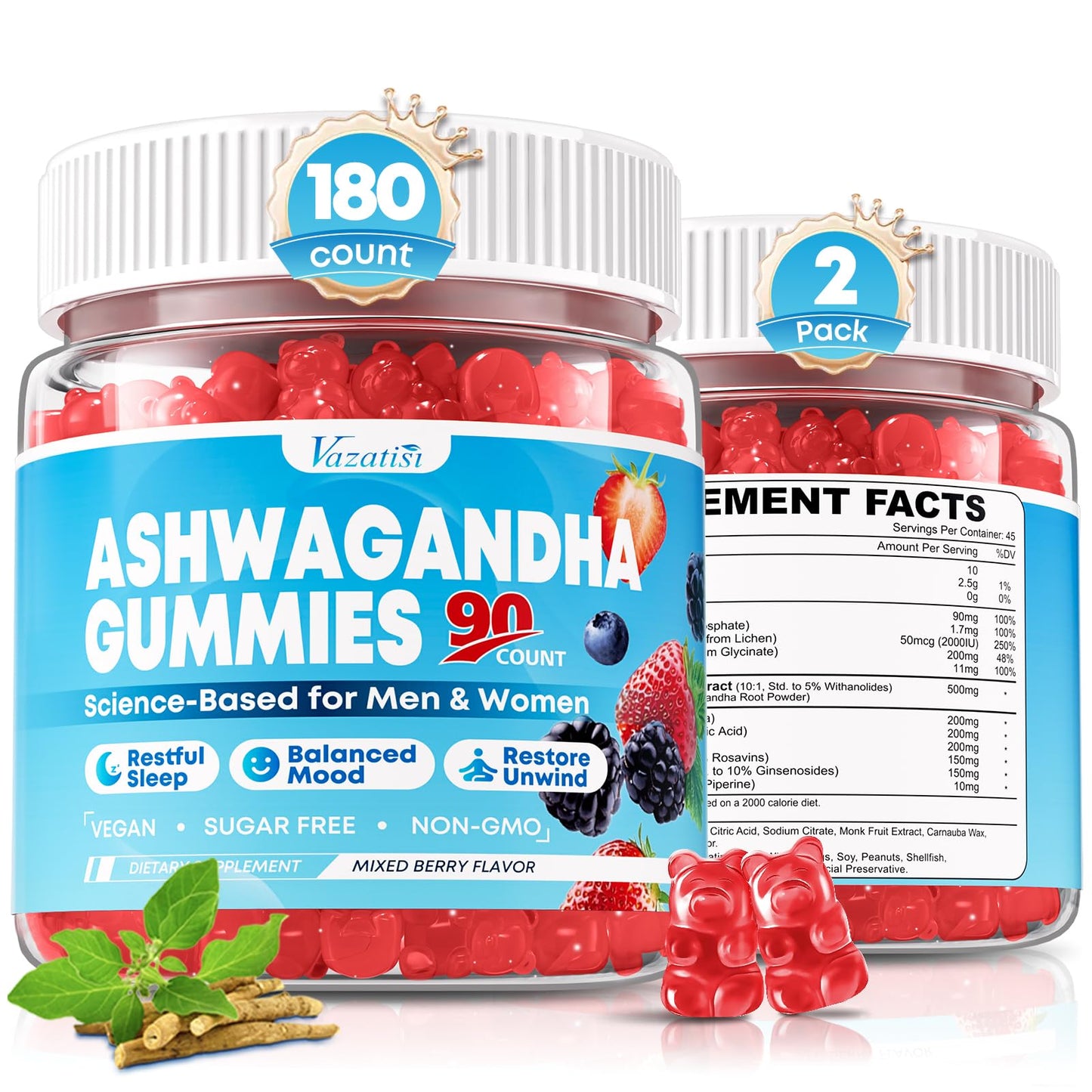 Vazatisi Ashwagandha Gummies with L-Theanine, GABA, Magnesium & Vitamin D3 180 Count