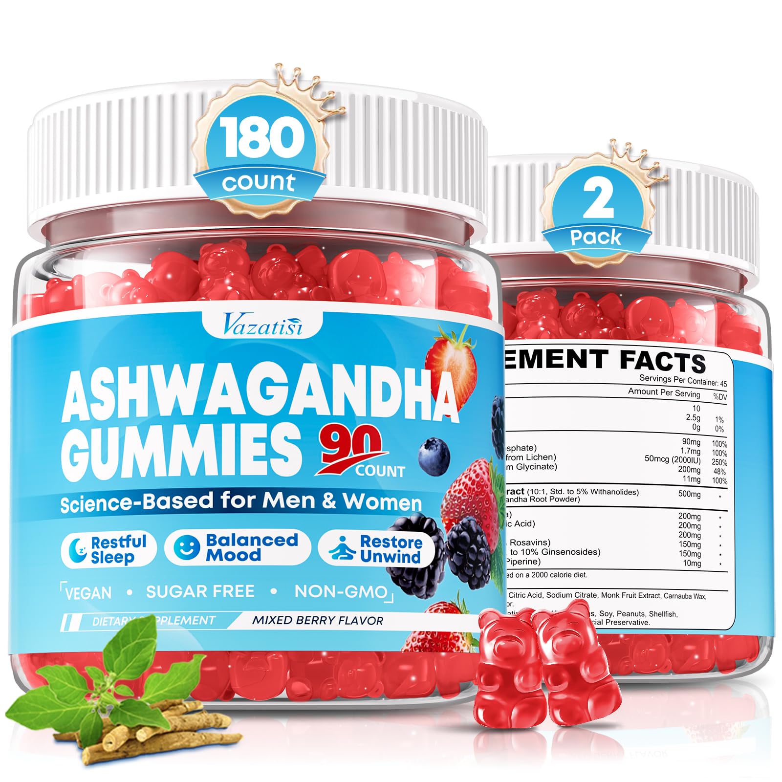 Vazatisi Ashwagandha Gummies with L-Theanine, GABA, Magnesium & Vitamin D3 180 Count