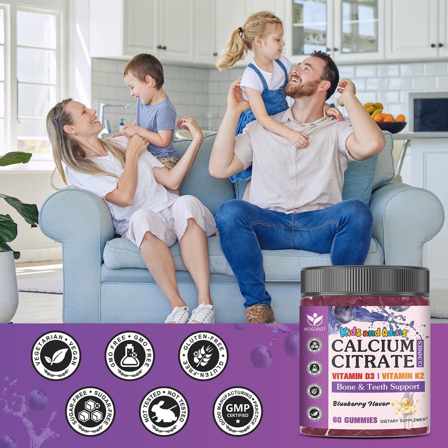 WOGORGT Calcium Citrate 600mg with Vitamin D3 & K2 Gummies for Kids & Teens, 120 Count
