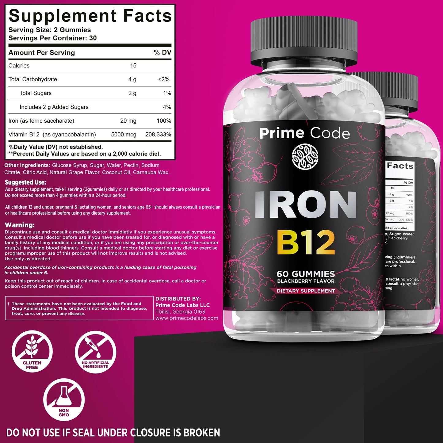 Prime Code Vitamin B12 Gummies with Iron Gummy, 60 Count