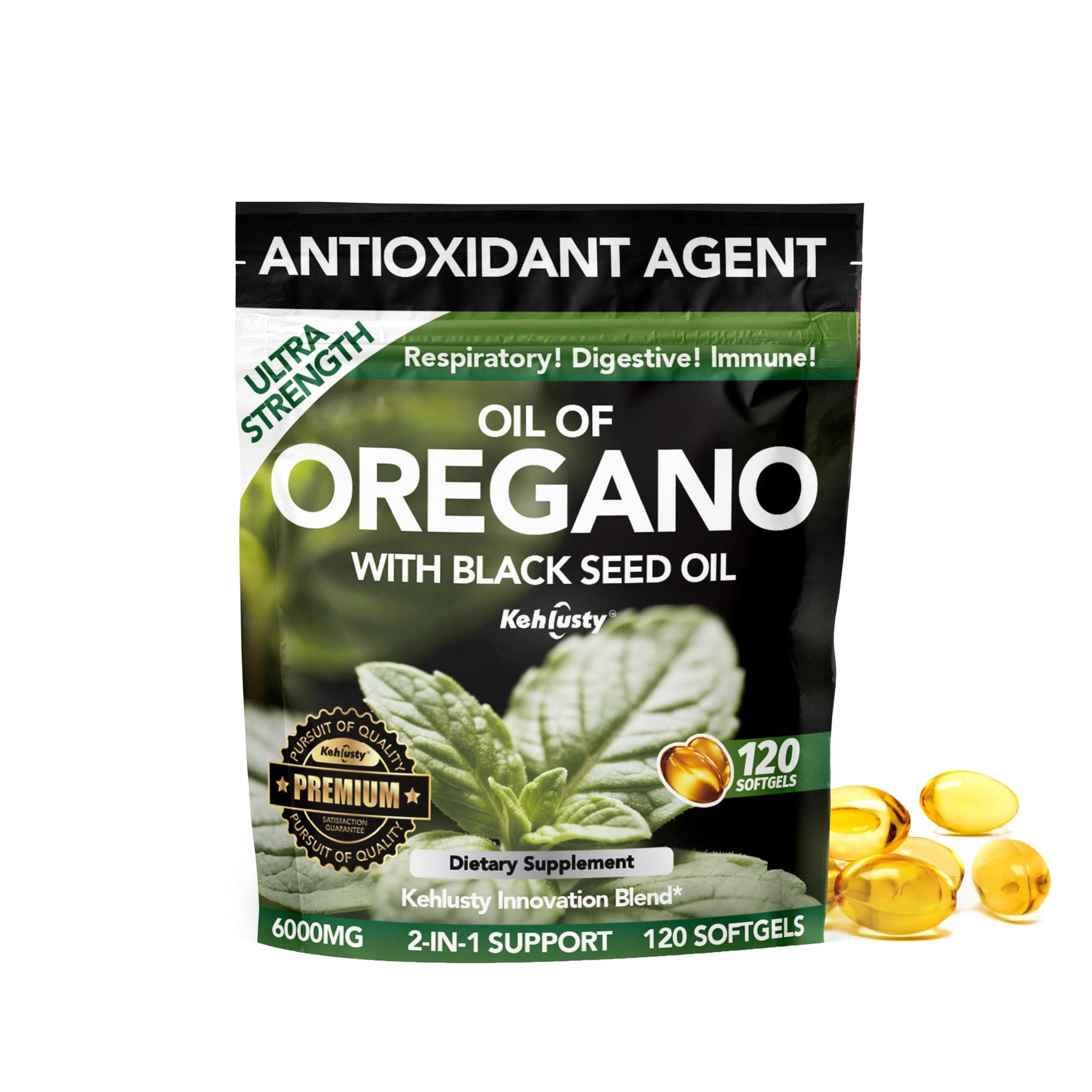 KEHLUSTY Oil of Oregano with Black Seed Oil Softgels, Organic, 4X Strength Carvacrol and Thymoquinone, Immune Support, Digestive Health, Respiratory Wellness, Non GMO, 120 Count
