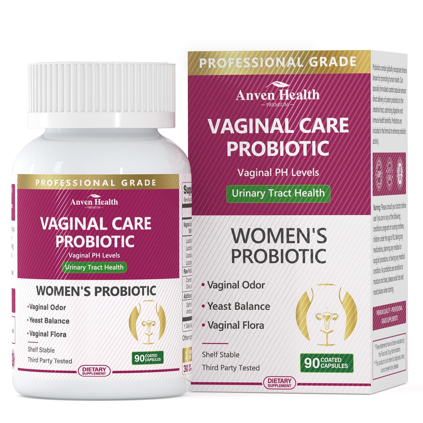Anven Health Vaginal Probiotics for Women pH Balance with Prebiotics - 60 Billion CFU for Odor, Yeast & Digestion - Cranberry for Urinary Tract & Hormonal Balance - Vegan & Non-GMO Capsules, 90 Count