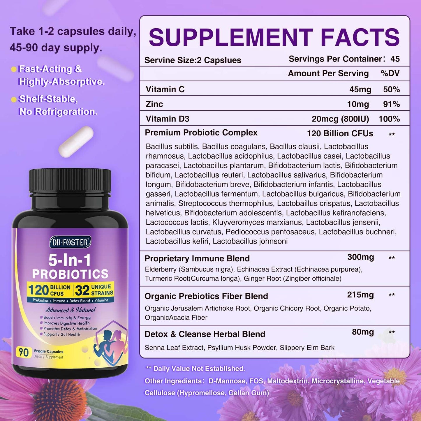 DRFOSTER Probiotics for Women & Men, 120 Billion CFU Capsule, 90 Count
