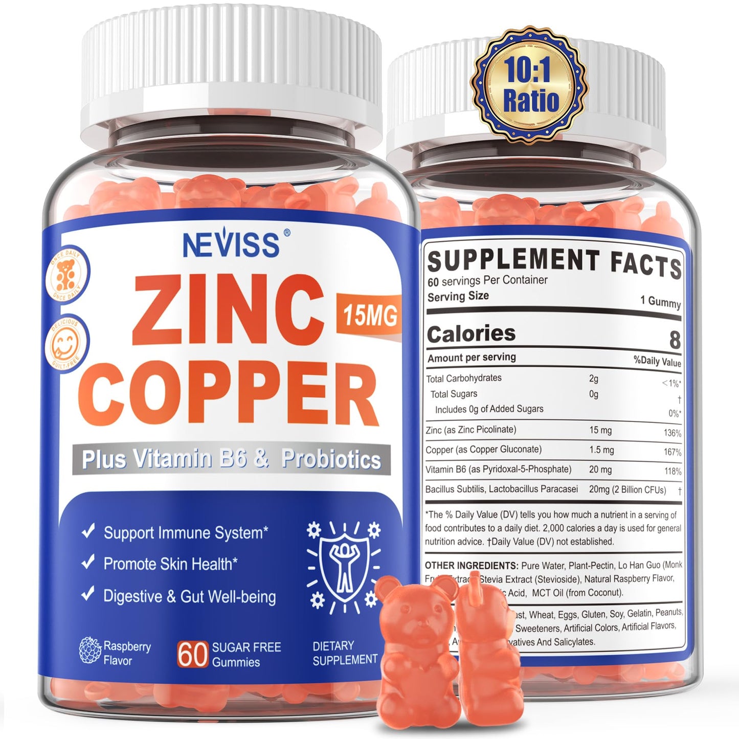 NEVISS Zinc Picolinate Gummies with Copper + Probiotics, Vitamin B6 for Max Absorption, Vegan, 120 Gummies