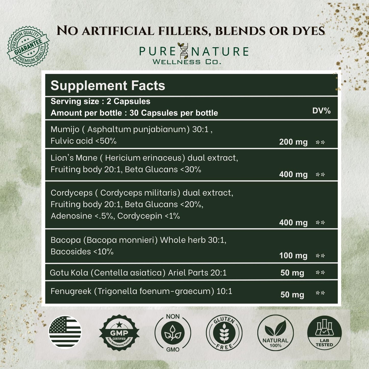 Pure Nature Wellness Co. Focus + Energy + Performance Support-6-in-1 Mushroom Nootropic & Mitochondrial Complex-Advanced Brain Supplement-Natural Energy-Caffeine Free Biohack with Lion’s Mane, Cordyceps, Mumijo, Fenugreek, 60 Capsules
