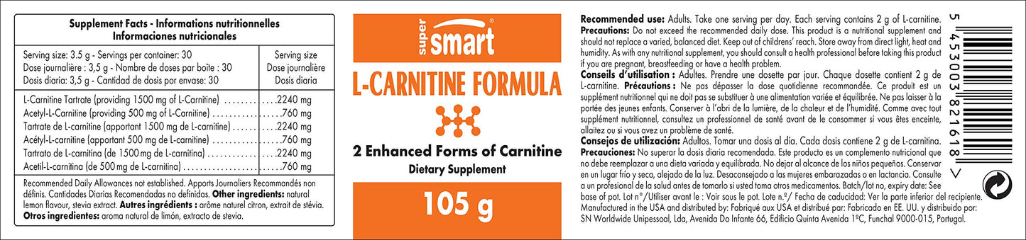 Supersmart L-Carnitine Formula with Acetyl & Tartrate Powder 3.7 oz