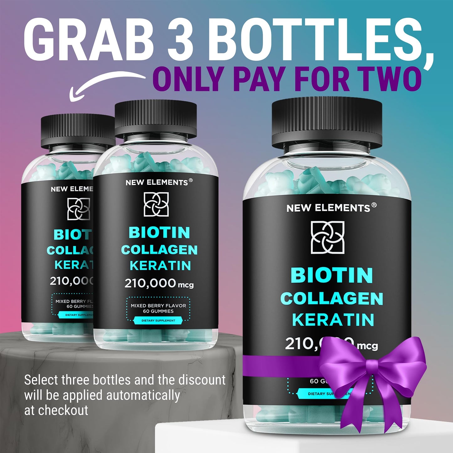 New Elements Biotin Gummies with Keratin & Collagen Peptides 60 Count