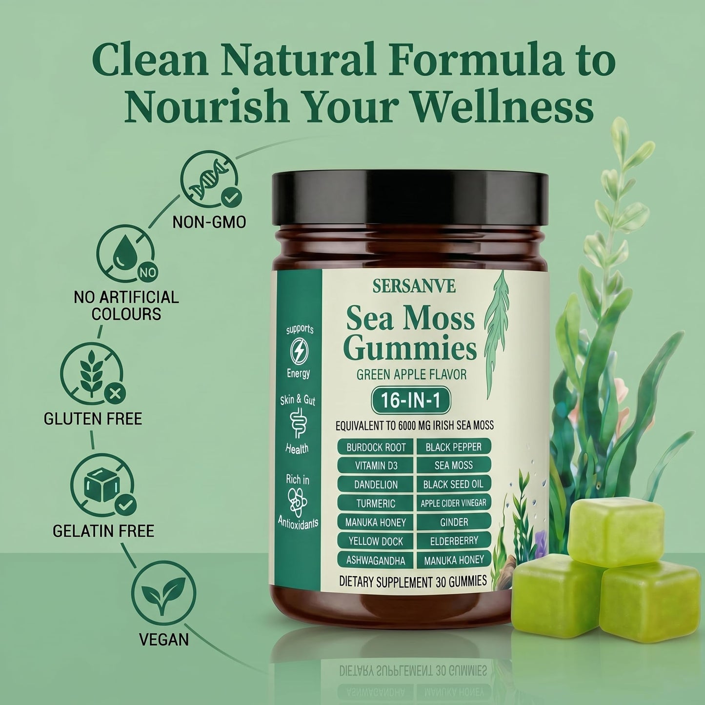 SERSANVE Sea Moss Gummies 16-in-1 with Ashwagandha Burdock Black Seed Oil Gummy 30 Count