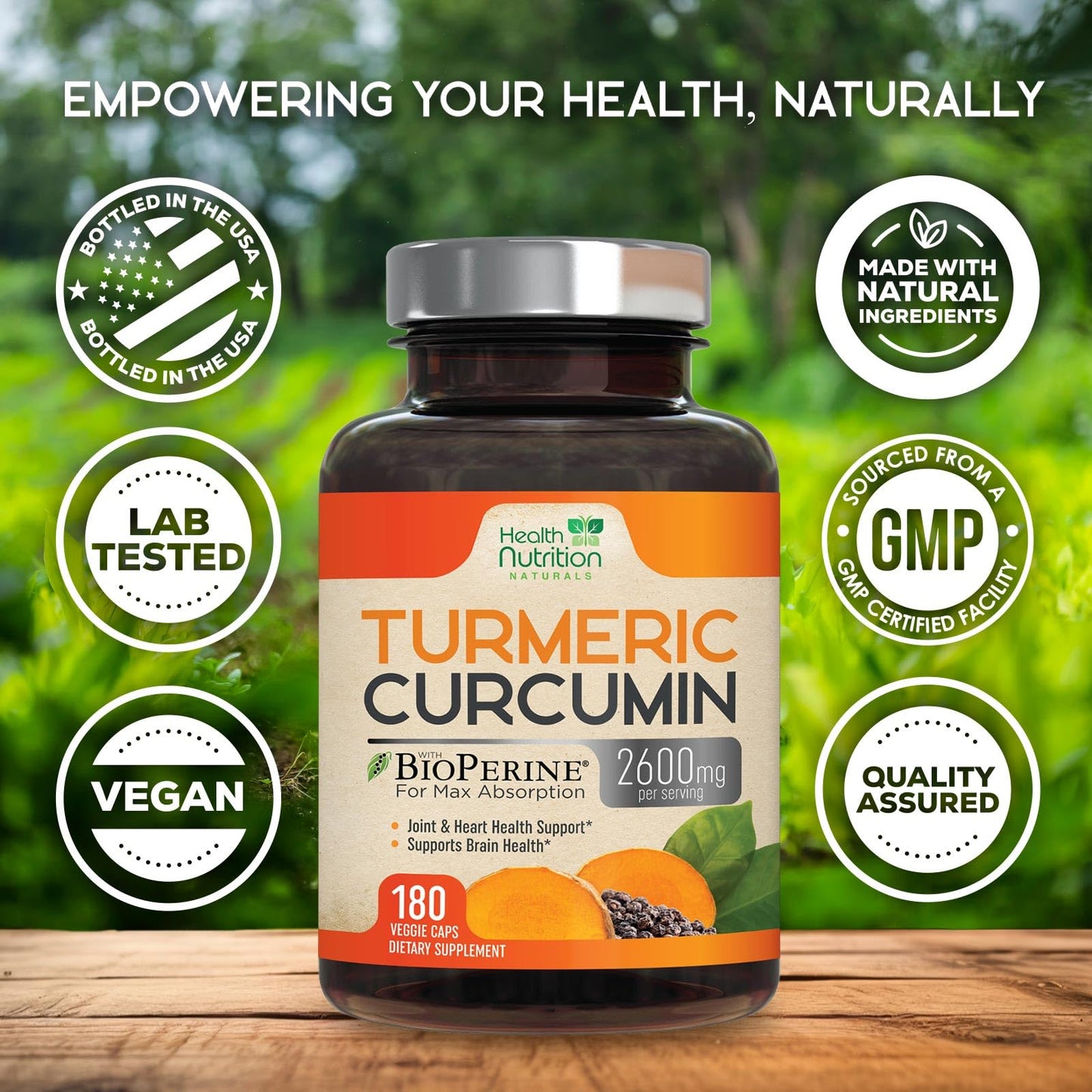 Health Nutrition Naturals Turmeric Curcumin Supplement 2600mg - 95% Curcuminoids with Organic Turmeric & BioPerine Black Pepper for Best Absorption, Non-GMO, 180 Capsules