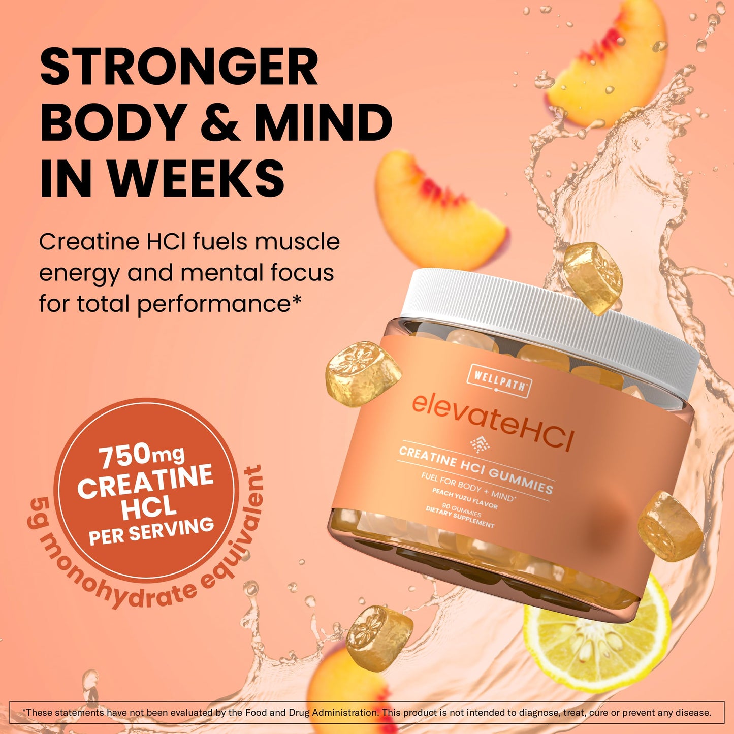 WellPath Creatine HCl Gummies 750mg – Chewable Creatine Gummies for Women and Men – 5g Monohydrate Equivalent – Peach Yuzu Tart Flavor, Real Sugar – Non-GMO, 90 Gummies