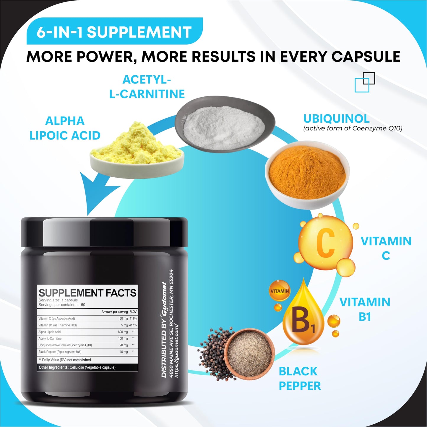 GUDOMET Ultra Alpha Lipoic Acid with CoQ10, Vitamin C & B1 Capsules, 150 Count