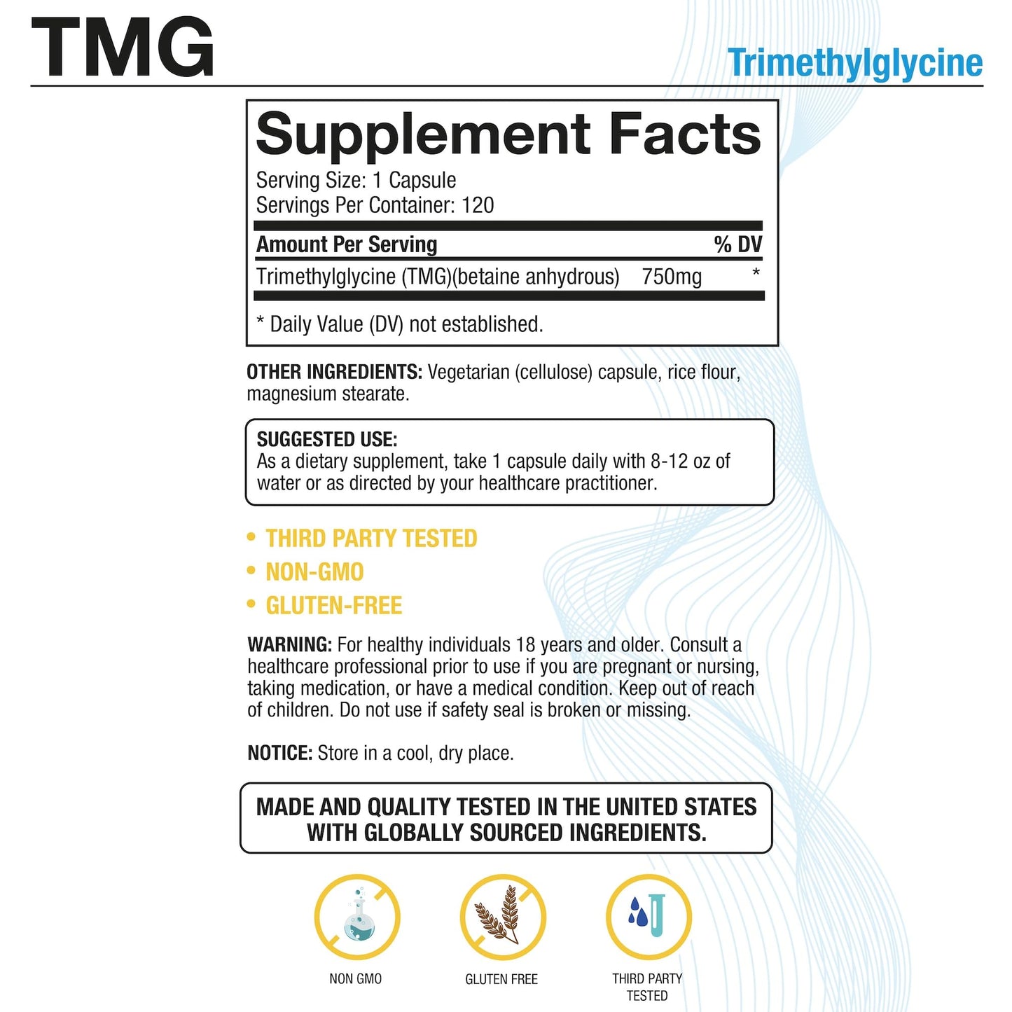 P Puregen Labs TMG 750 mg – Trimethylglycine Supplement, Capsule, 120 Count