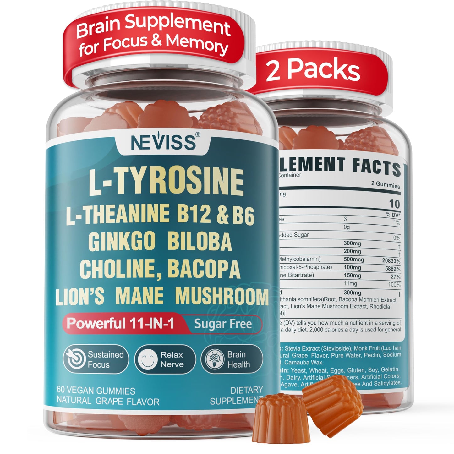 NEVISS 11-in-1 Brain Supplement Gummies, 120 Count