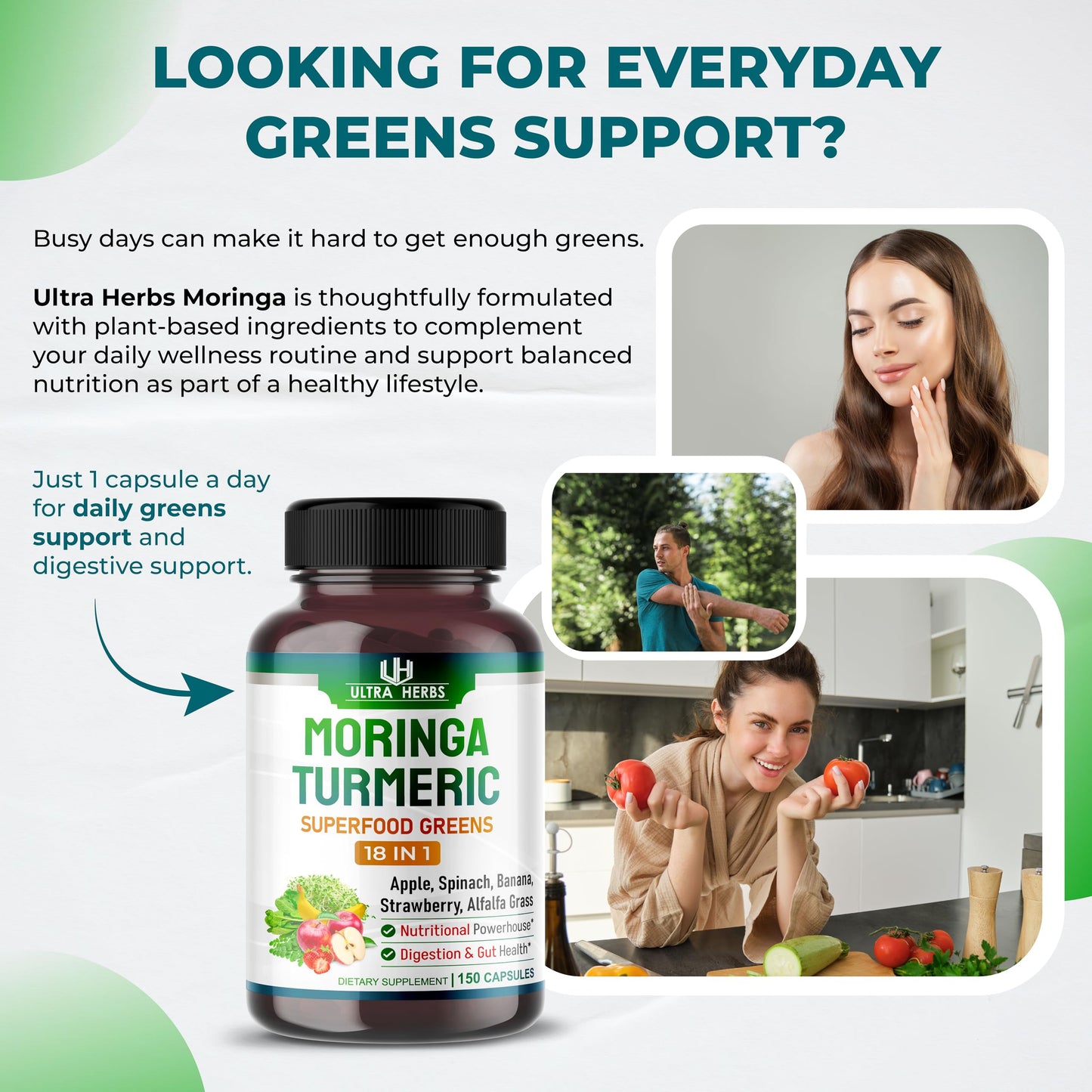 ULTRA HERBS Superfood Greens 18-in-1 with Fruits & Vegetables & Herbs Capsules, 150 Count