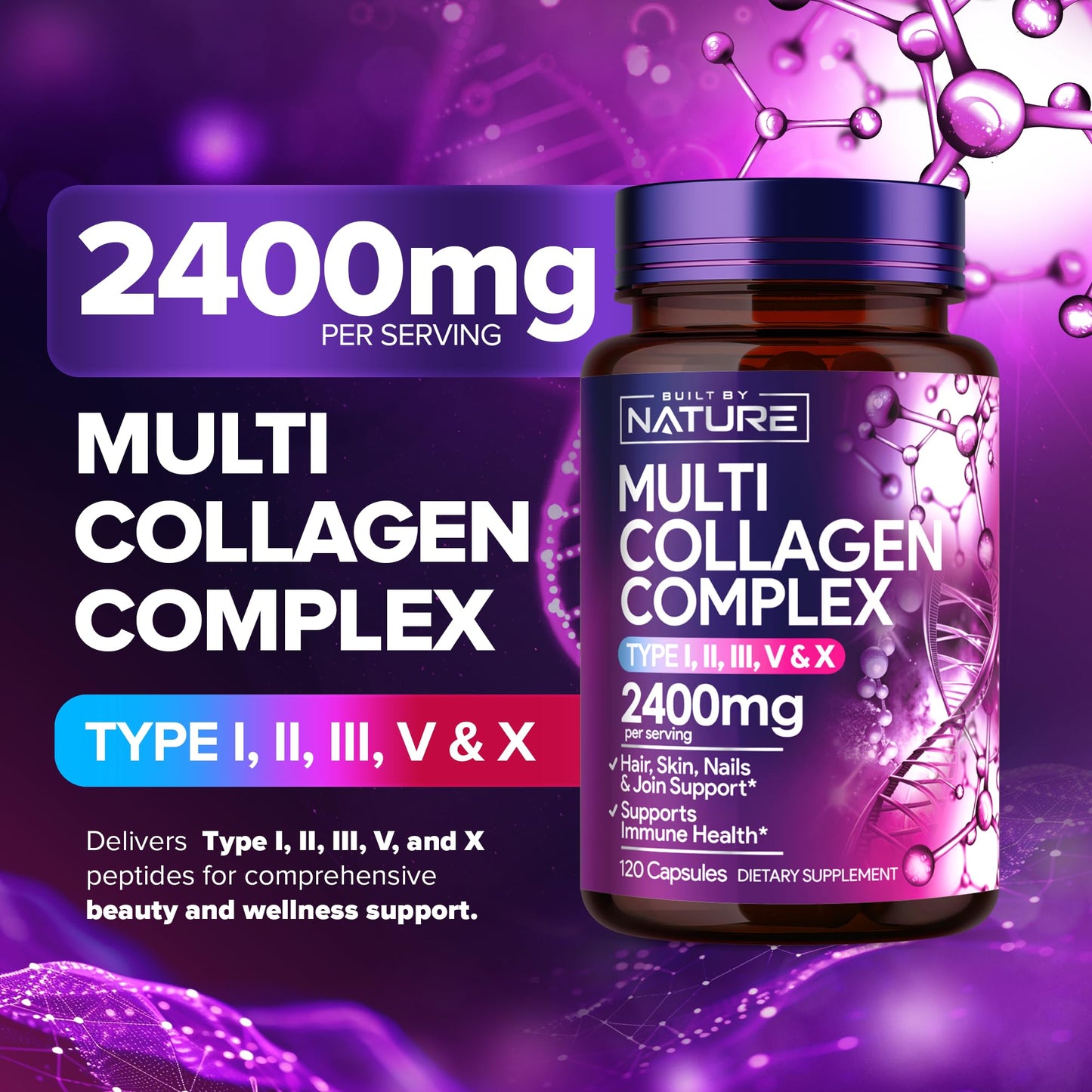 Built by Nature Multi Collagen Peptides Complex Supplement for Women Capsules, 120 Count