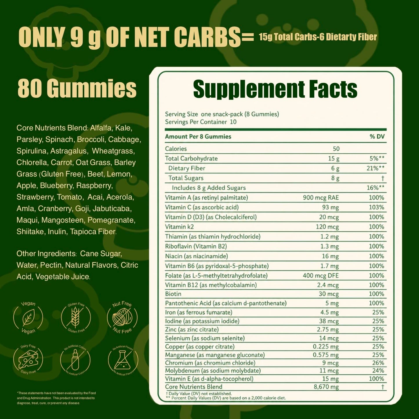 JerlyMush Greens Daily Gummies - Superfood Multivitamin Gummies with Spirulina, Adaptogens, Chlorella, Prebiotic Fiber, Fresh Mixed Fruit Flavor, for Women and Men, 80 Count