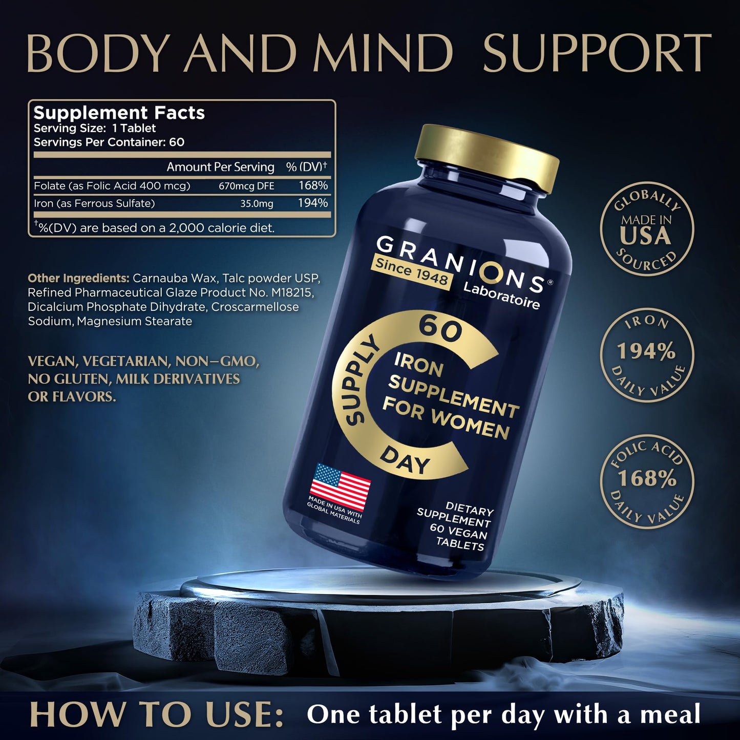 Granions Vegan Iron Supplements for Women Tablets 60 Count